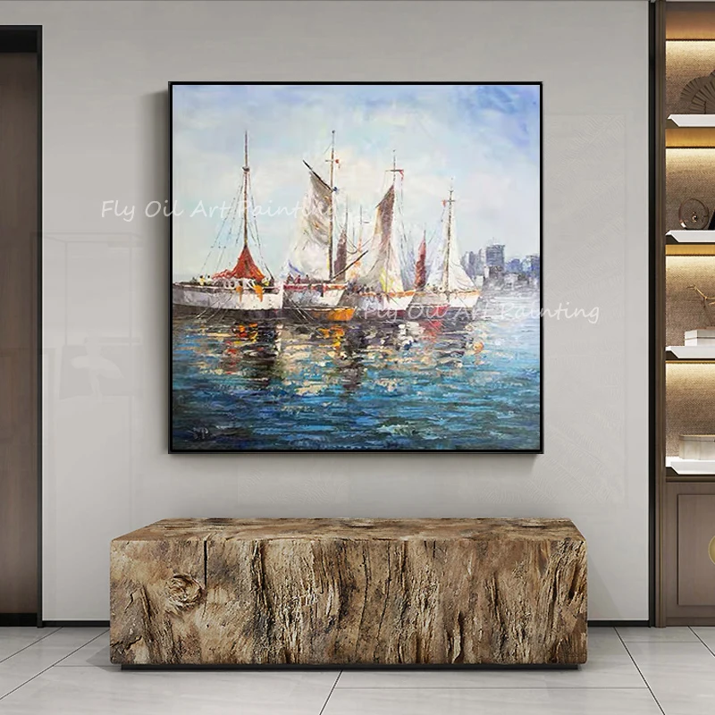 100% hand painted ocean sea boat Oil Painting on Canvas Art Classic Cuadros Decor Posters Nordic Wall Decoration Frameless
