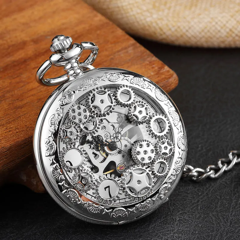 Vintage Steampunk Gears Hollow Bronze Mechanical Pocket Watch Fob Chain Hand Wind Skeleton Necklace Clock Men Womens Gifts