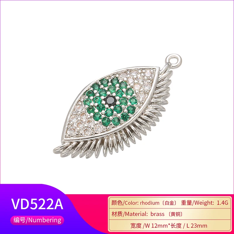 ZHUKOU 12x23mm Brass Cubic Zirconia Green Crystal eyes Pendant for Women\'s Necklace Earrings Jewelry Accessories Model: VD522