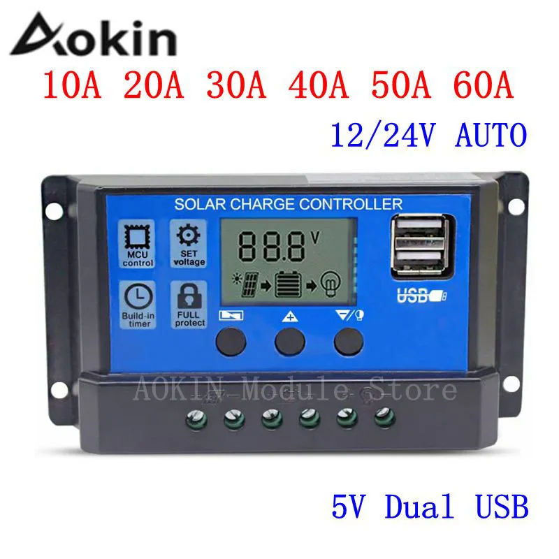 PWM Solar Charge Controller 12V 24V 30A/20A/10A Auto Controllers LCD Dual USB LCD Display Build-in Micro Controller