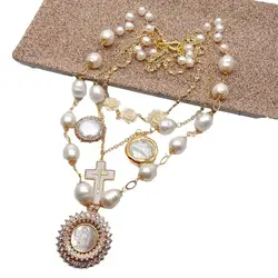YYGEM Freshwater White Rice Pearl Gold Plated Chian statement Necklace White Shell Virgin Mary Charm Pendant 20