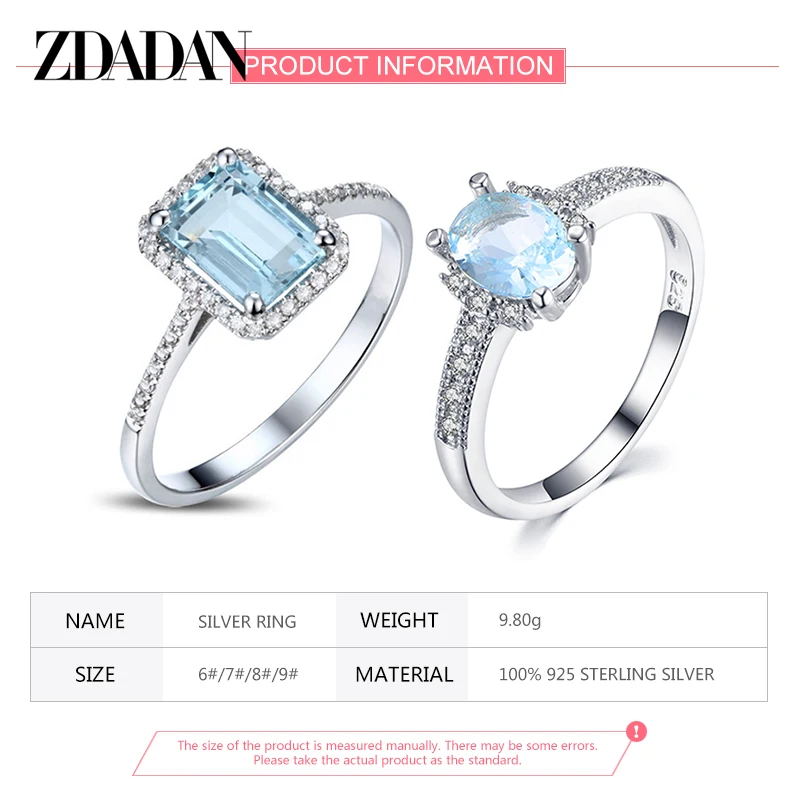 ZDADAN Authentic 925 Sterling Silver Square Blue Clear CZ Finger Rings For Women Wedding Engagement Jewelry Gift