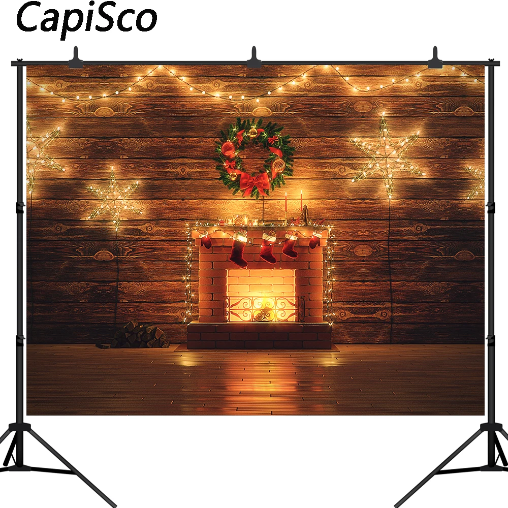 Capisco Christmas Backdrop Decorative Tree Fireplace Socks Gift vintage wooden wall Photography Background For Photo Studio