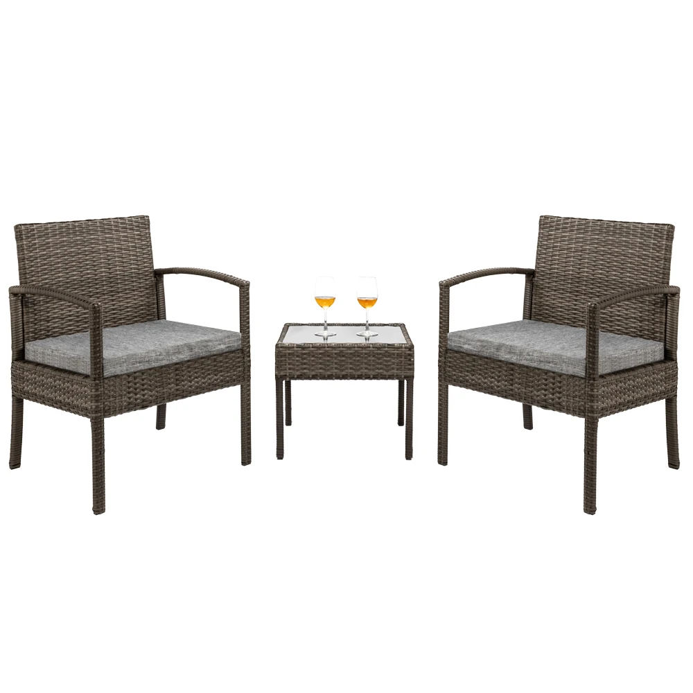 In Stock 3 Piece Patio Furniture Set Wicker Rattan Outdoor Patio Conversation Set 2 Cushioned Chairs & End Table US Warehouse