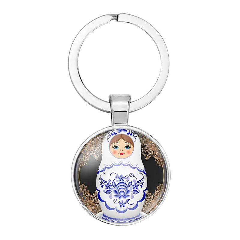 Tradition Russian Doll Keychain Matryoshka Cute Dolls Handmade DIY Art Pattern Glass Gems Keyring Chain Holder Car Charms
