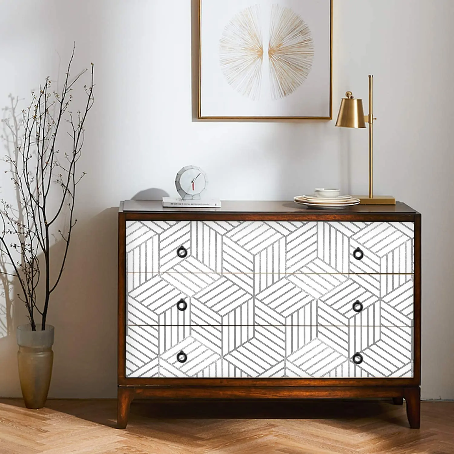 Geometric Hexagon Silver Peel and Stick Wallpaper Removable Self Adhesive Wallpaper Vinyl Film Shelf Paper & Drawer Liner Roll