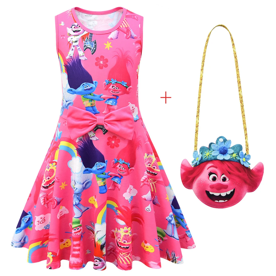 2021 Summer Kids Clothes Girls Princess Dresses Trolls Cosplay Costume Children Birthday Party Clothing Sleeveless Dress and Bag