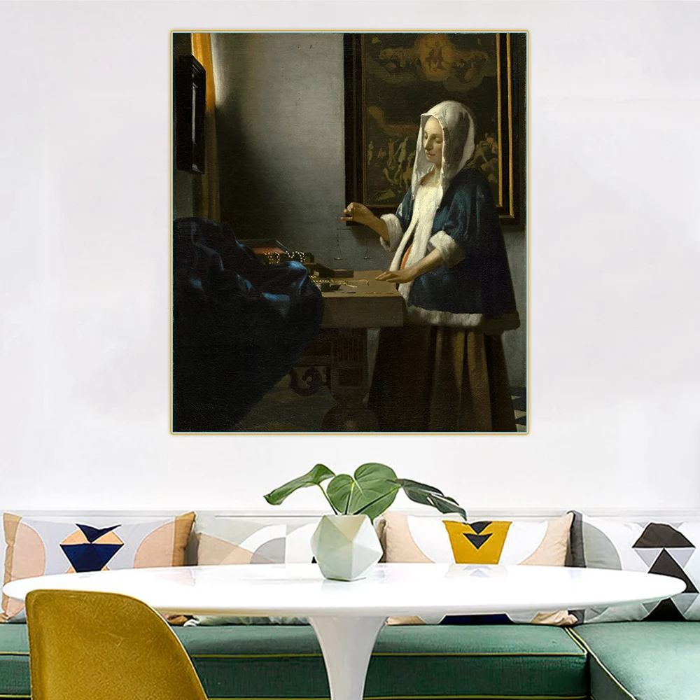 Woman Holding a Balance by Johannes Vermeer Canvas Oil Painting Famous Artwork Poster Picture Decor Home Living room Decoration