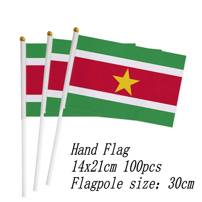 Suriname Hand Flag 14*21cm 100pcs polyester fabrics Suriname Small Hand waving Flag with plastic flagpole for decor