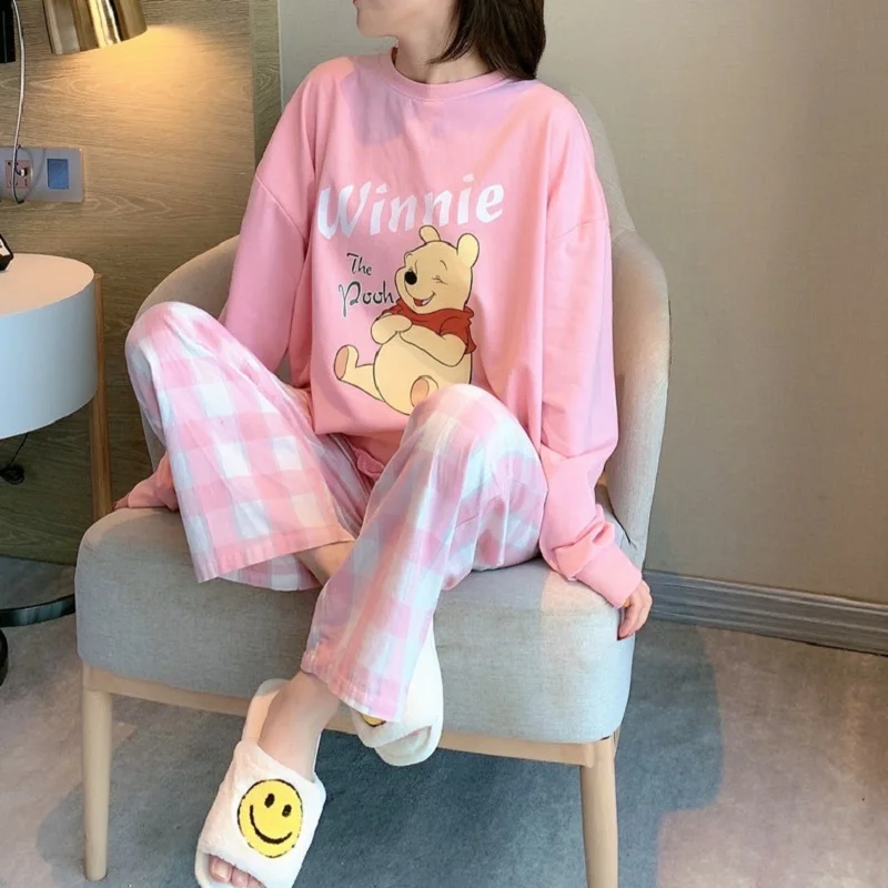 Pajamas Cartoon Cute Pooh Long-sleeved Pajamas Spring And Autumn Women's New Casual Loose  Round Neck Home Wear Outer Wear