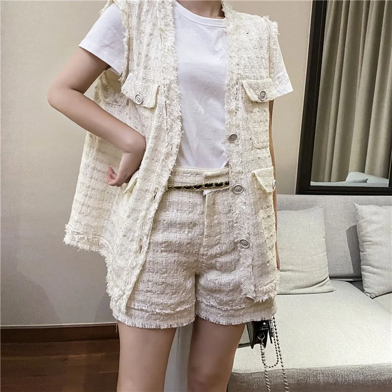 Tweed Women Shorts Fashion Chain Sashes High Waist Straight Casual Shorts New 2022 Summer Mini Trousers Female Wide Leg Shorts