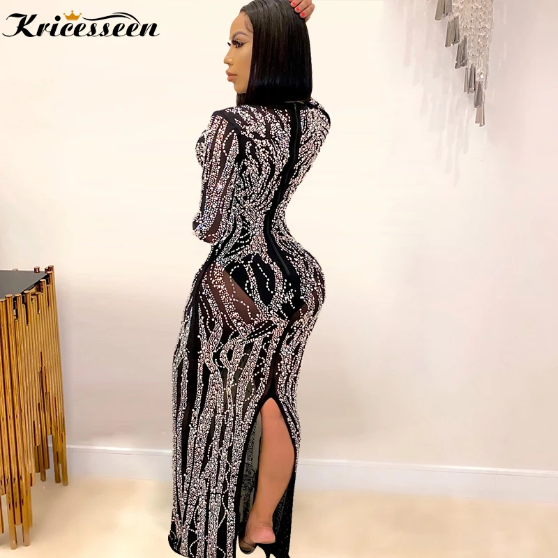 Kricesseen Sexy Black Crystal Mesh Maxi Dress Women Fashion Long Sleeve See Through Bodycon Party Clubwear Dress Robes Vestido