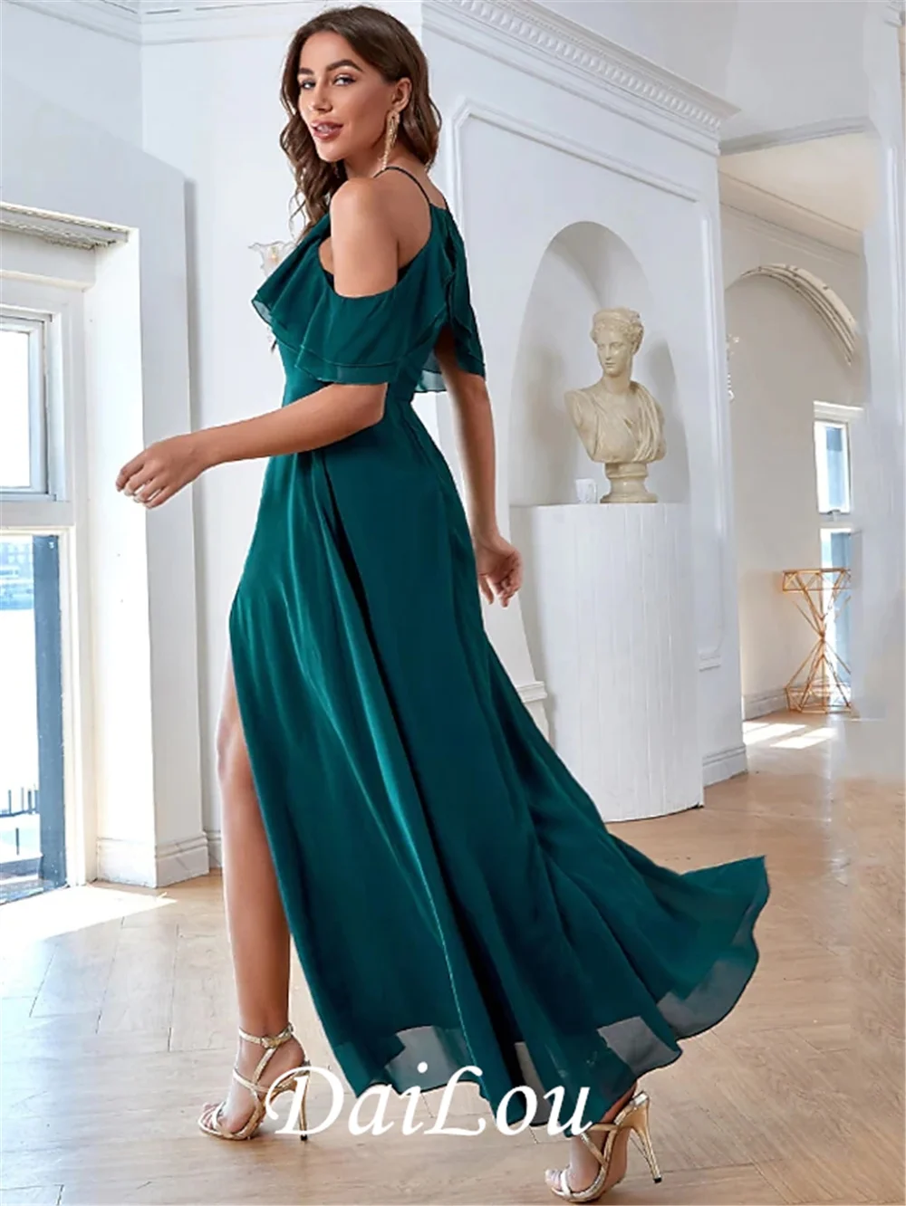 A-Line Elegant Vintage Party Wear Formal Evening Dress Spaghetti Strap Short Sleeve Ankle Length Chiffon with Ruffles Split 2022