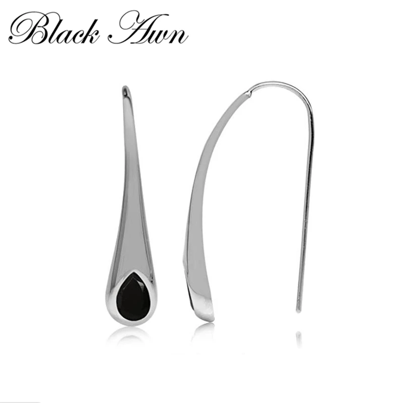 Black Awn 2024 New Silver Color Engagement Drop Earrings For Women Black Spinel Female Earring Gift I178