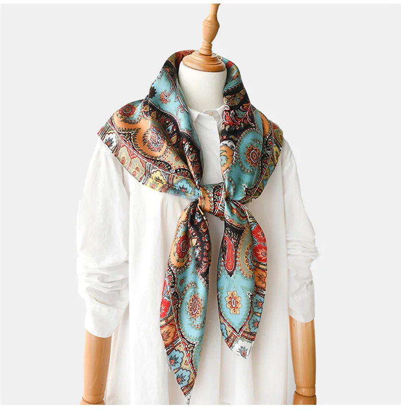Peacock Blue Natural Satin Silk Scarf 110cm Big Square Bandana Printed 100% Pure Silk Scarves Women Luxury Shawl Gift for Lady