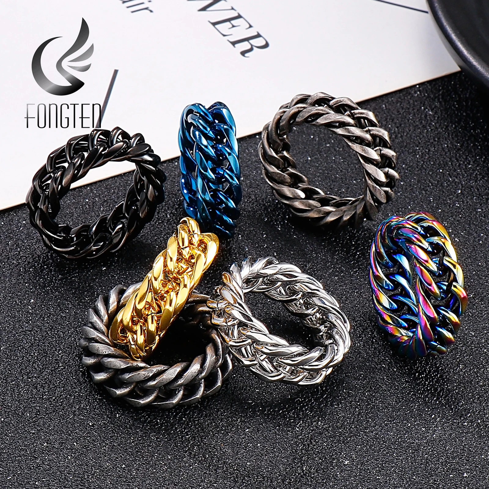 

Fongten Rock Band Finger Ring for Men Cuban Chain Stainless Steel Multiple Color Hip Hop Male Rings Jewelry