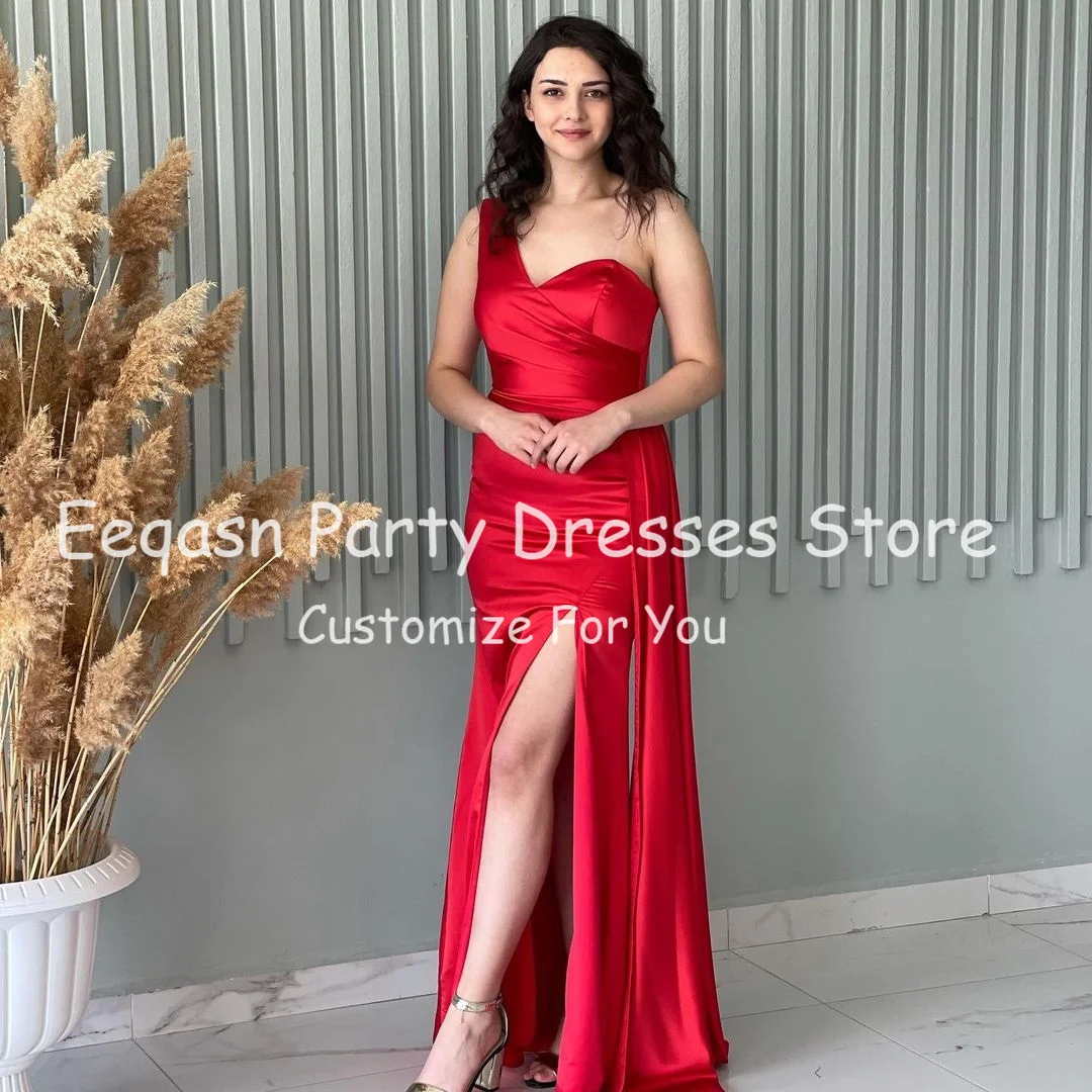 Teal Red Satin Mermaid Bridesmaid Dresses Long Pleated One Shoulder Formal Evening Dress Women Slit Slide Prom Gowns Customized