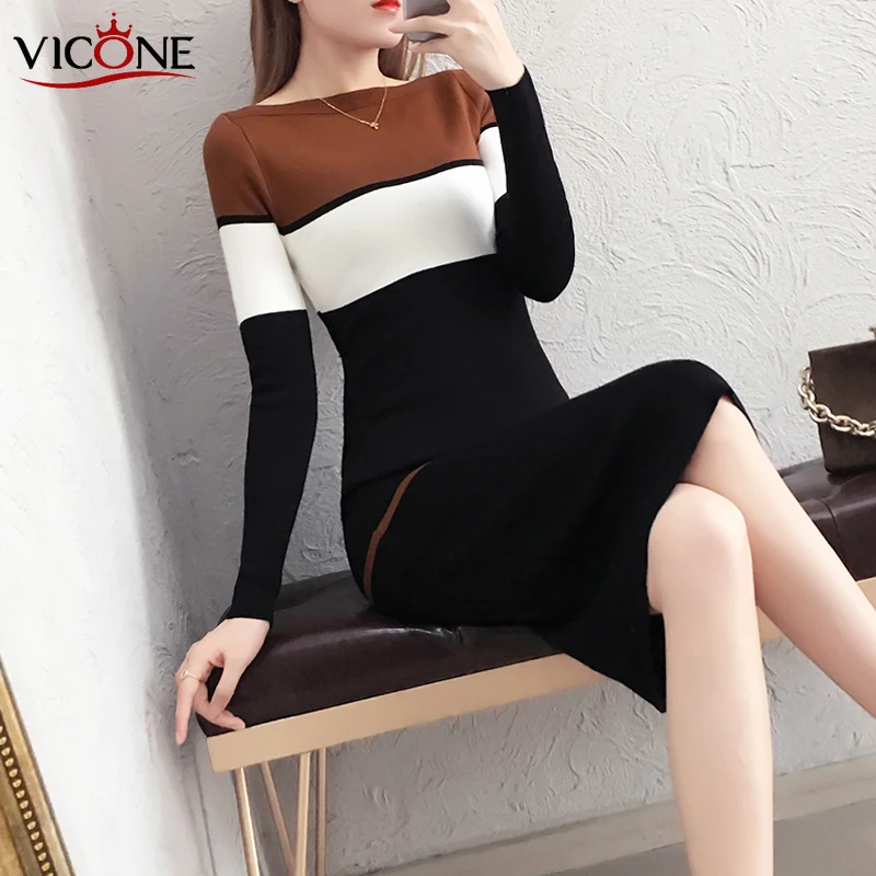 VICONE Long-Sleeved Jersey Dress Women's Spring Knitt Dress 2020 New Slim-Fit Hip All-match Mid-Length Underskirt Sweater Dress