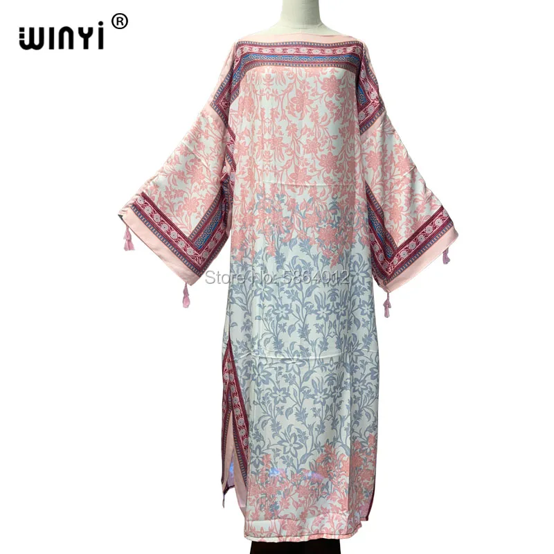 

WINYI 2021 Winter Dubai abayaплатье женское Elegant muslim Women Long Sleeve Splicing Stripe Print Female dresses Vestdios abaya