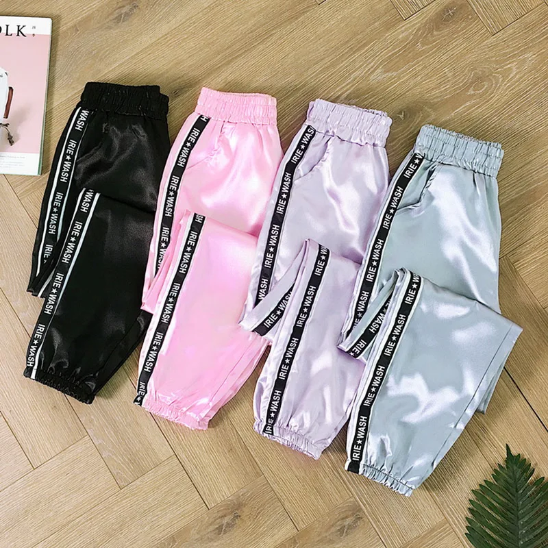 Women Pants Joggers Pants Women Glossy Ribbon Trousers Harajuku Sweatpants Women\'s Loose Cargo Pants Big Pocket Satin High