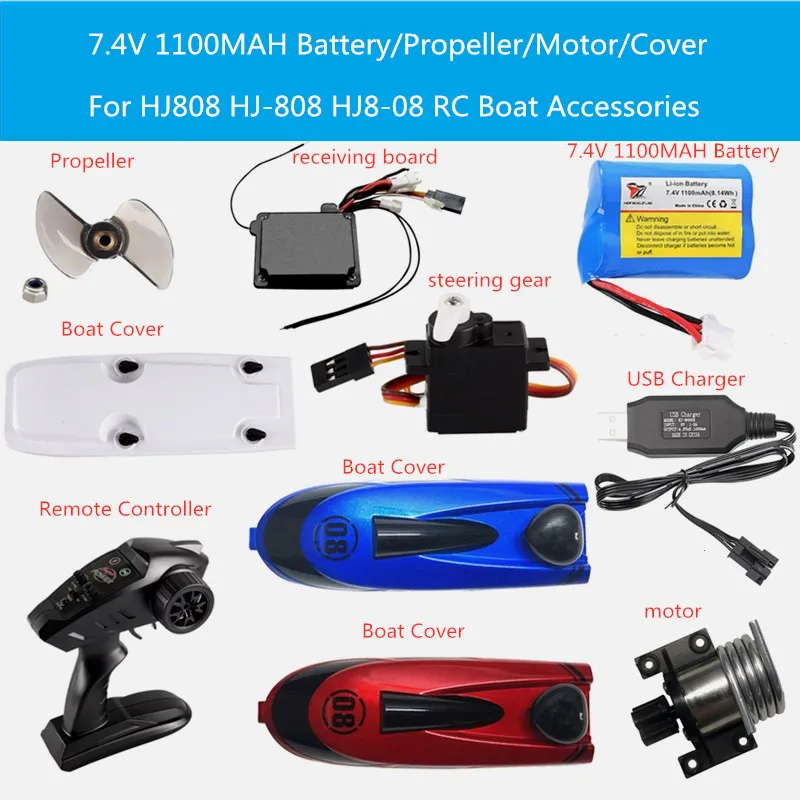 HJ808 HJ-808 HJ8-08 RC Boat Battery 7.4V 1100MAH Battery Propeller Motor Receiving Board boat cover and other Accessories