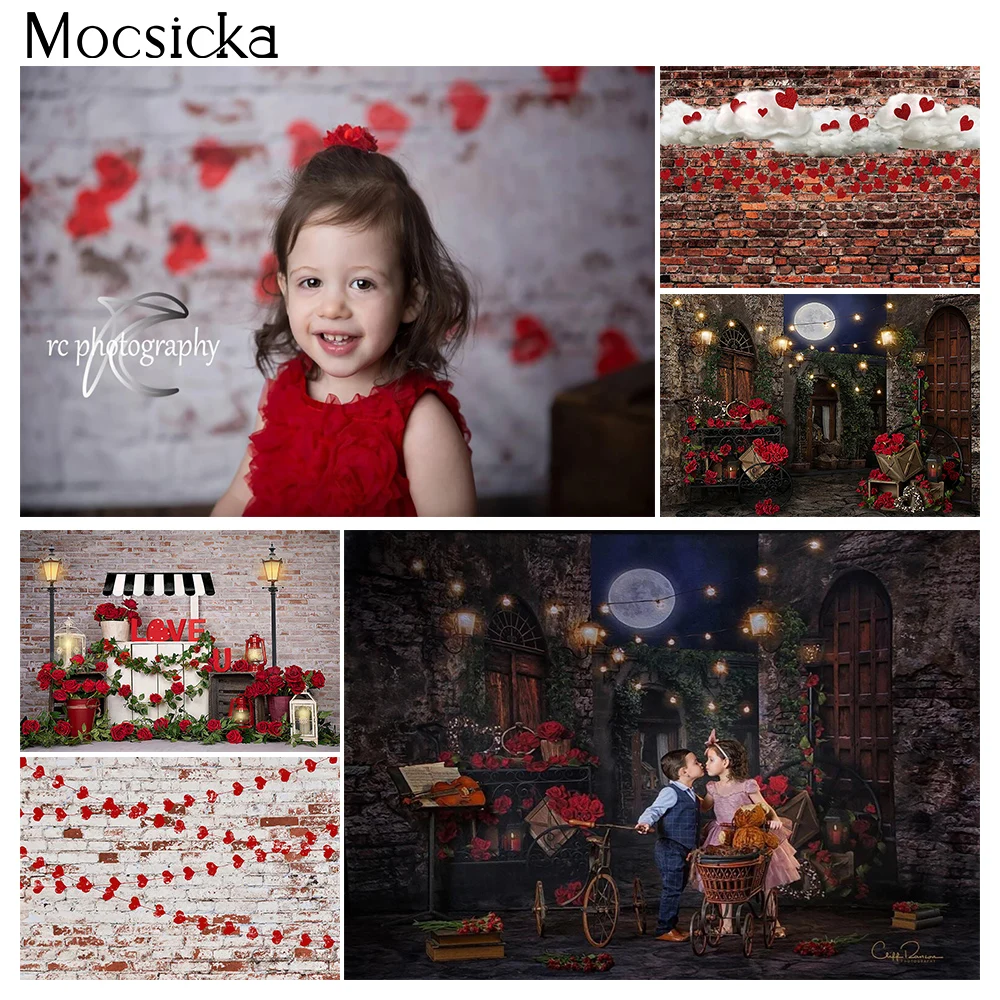 วันที่ Night Rose ดอกไม้ภาพพื้นหลังเด็กภาพฉากหลังสําหรับถ่ายภาพอิฐผนังวันวาเลนไทน์ Photocall พื้นหลัง