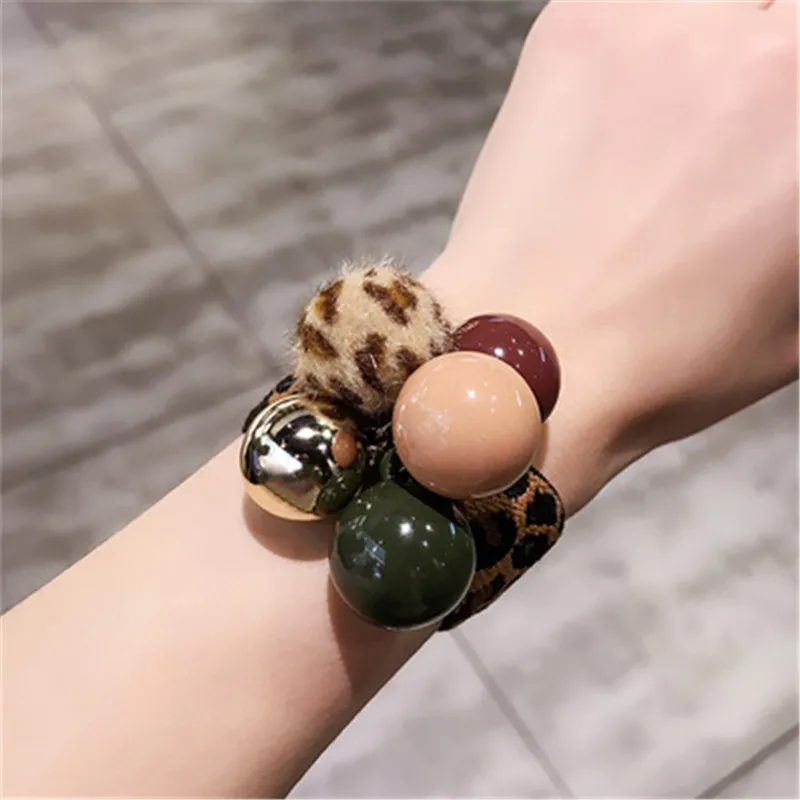 Leopard Elastic Hair Bands Ponytail Holder Scrunchies Big Pearls Beads Rubber Resin Balls Band Headband Lady Hair Accessories