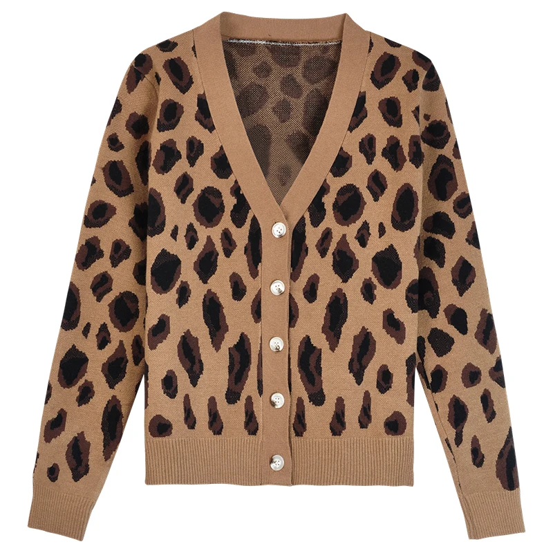 Outono casual simples oversized malha casaco feminino cardigan camisola de manga longa leopardo impresso jumper inverno camisola cardigan