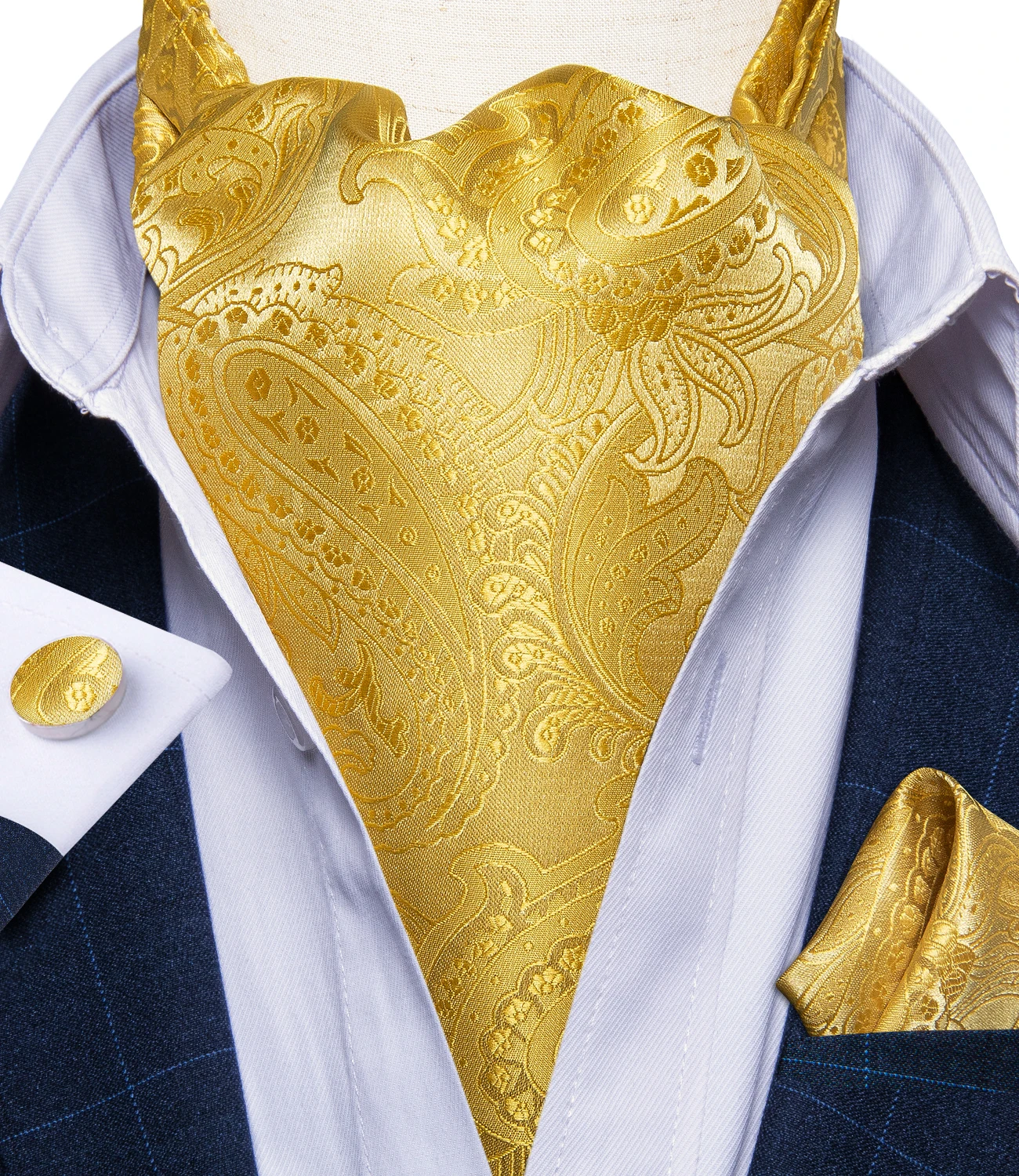 DiBanGu Jacquard Cravat 3pc Set Yellow Paisley Woven Ascot Tie Cufflinks Pocket Square Men\'s Fashion Casual Scarves Accessories