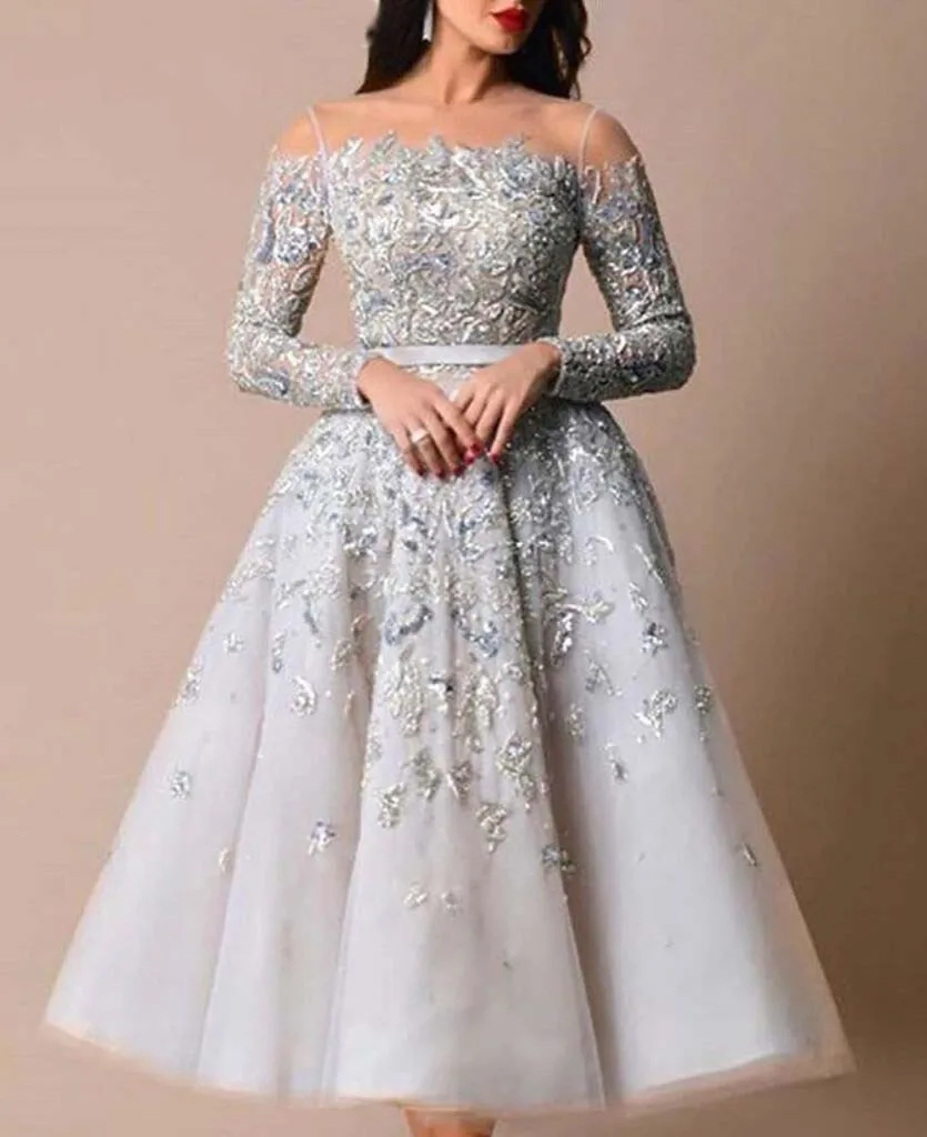 

Designer Prom Dress Illusion O Neck Beaded Heavily Long Sleeve Tea Length Vestidos De Formature