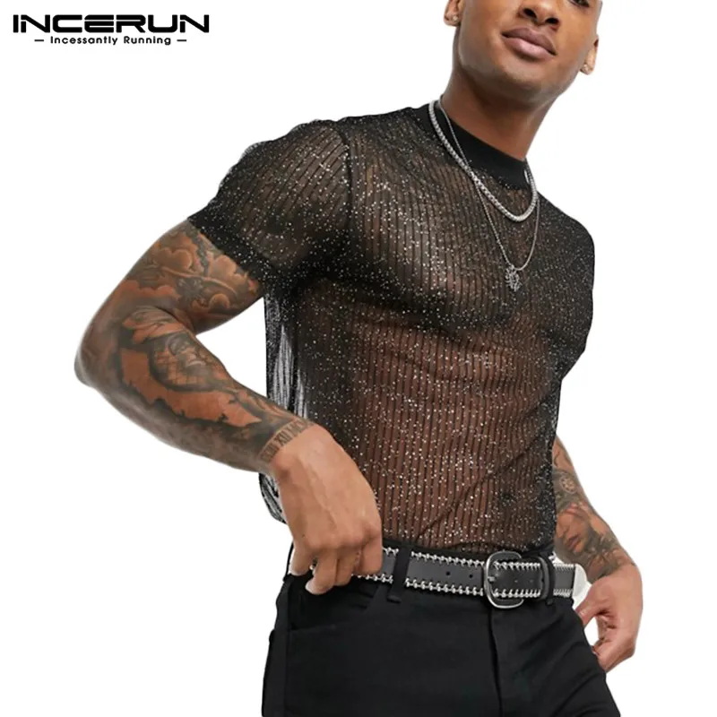 INCERUN 2023 Fashion Men Mesh T Shirt See Through Short Sleeve Slim Shiny Party Nightclub Sexy T-shirts Thin Breathable Camiseta