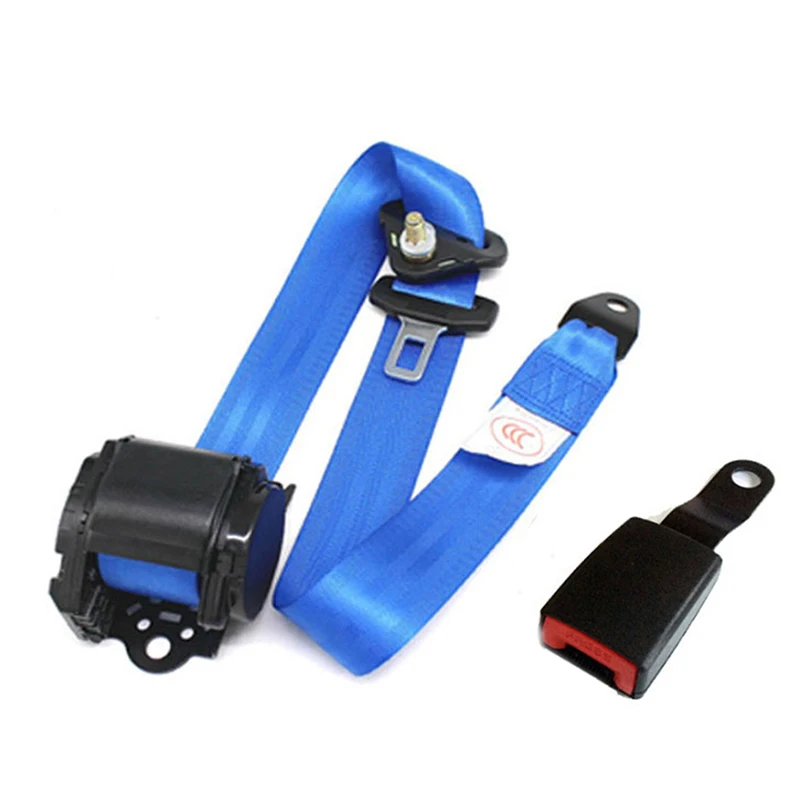 Blue 3 Point Retractable Car Safety Seat Belts Lap Safety Belt Seatbelts for Auto Cars With Curved Rigid Buckle