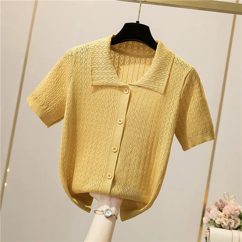 Knitting Women\'s Ribbed Button Up Polo Shirt Female Chic Solid Short Sleeve Green Top Hollow Out Tees Purple Clothing