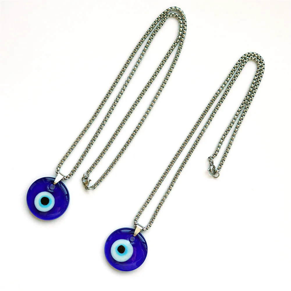 Stainless Steel Horsewhip Chain Necklace Round Turkish Blue Eye Glass Simple Personality Accessories, Evil Demon Eyes Pendant, 1