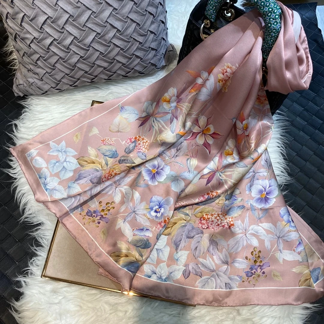 Chinese Style Ink Lotus Silk Scarf Shawl Women 2021 New Design 100% Natural Silk Long Scarves Grey Pink Neck Scarves 175*53cm