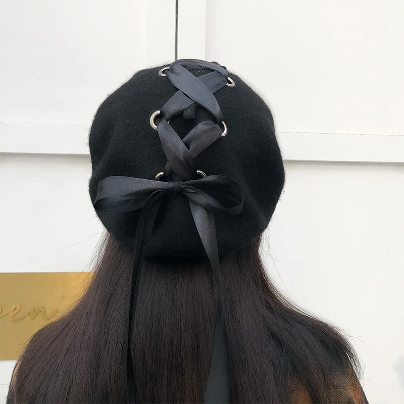 H3543 Women Wool Beret Hat Korean Harajuku Cross Bandage Bowknot Cap Autumn Winter Painter High Quality Fashion Strap Girl Hats