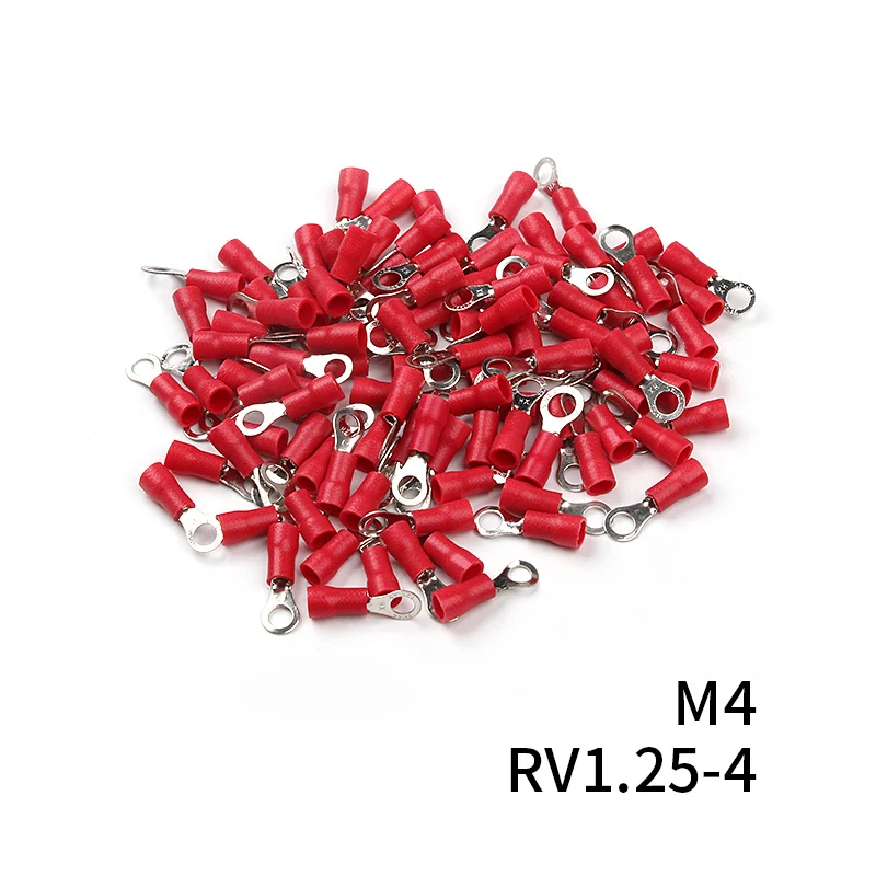 100Pcs RV1.25 Ring Insulated Wire Connector Red 12-10 AWG Electrical Cable Crimp Termminlas Suit for 0.25-1.65mm2 Kit