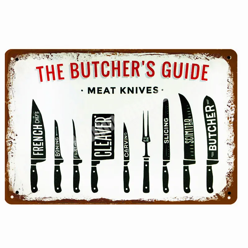 BUTCHER\'S GUIDE Vintage Metal Signs Cut Beef Cow Chicken Pork Duck Poster Kitchen Decorative Plates Plaque Wall Stickers N286