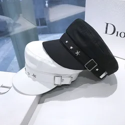 2023 Trendy Women Metal Buckle Cotton Military Cap autunno inverno elegante Ladies Star Belt Beret Hat Leisure Streetwear Flat Cap