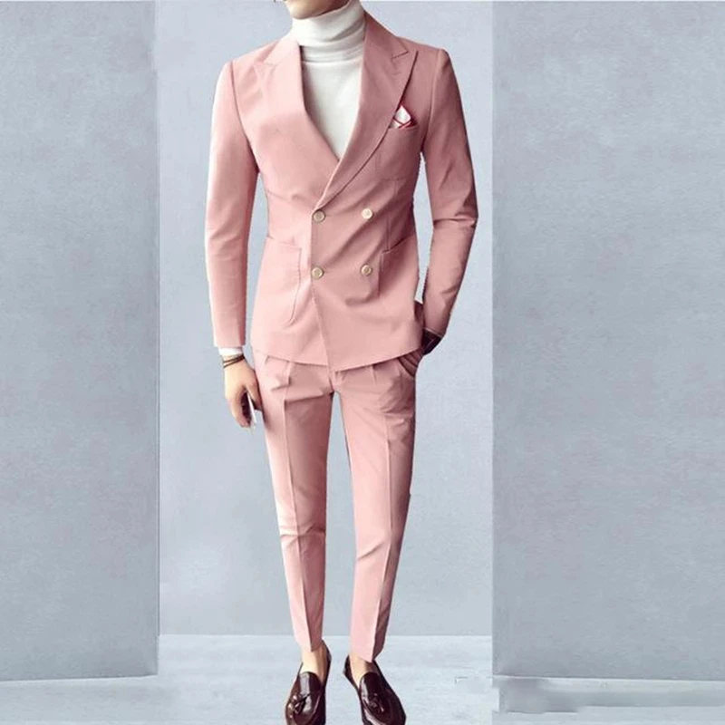 Pink Fashion Sunshine Men Suit Double Breasted 2 Pieces (Jacket+Pants) Peaked Collar Slim Fit Suit for Wedding Party Tuxedos