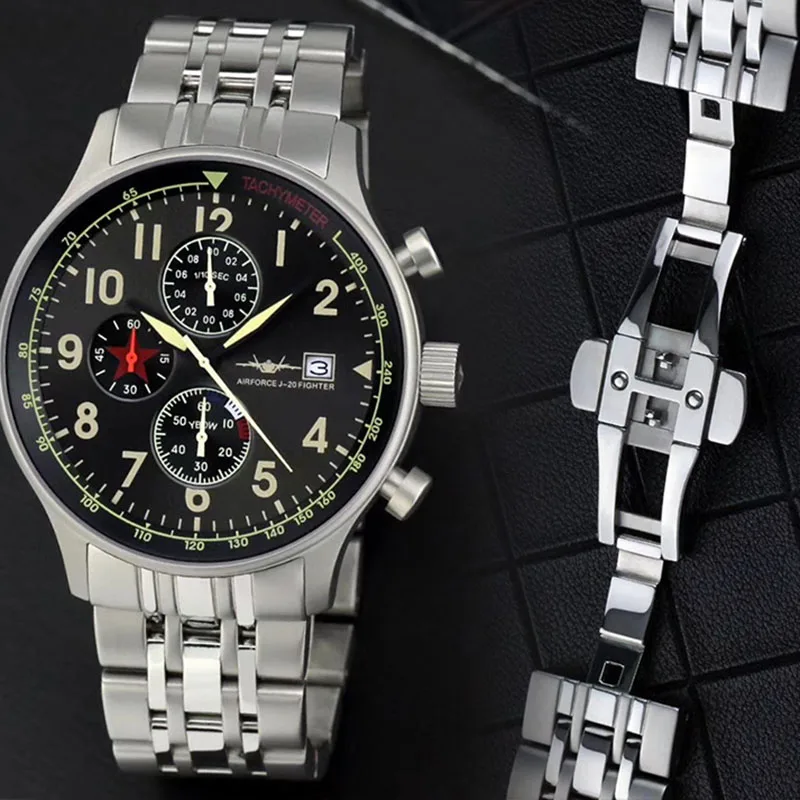 Pilot Waterproof Quartz Military Watch 43mm with Calendar Stainless Steel Watch  Men Watches 2020 Luxury  Groomsmen Gifts