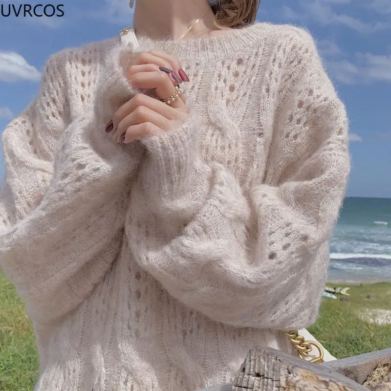 Women Mohair Soft Thin Sweaters Retro Hollowed Rib Knitted Pullovers Sweet Girls O-neck Loose Sweatshirt Elegant Korean Clothing