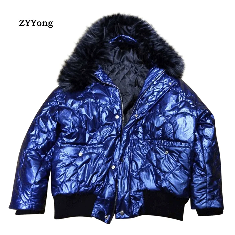 Winter 2020 New Korean Style Men Blue Color High Street Hooded Big Fur Collar Parkas Jacket