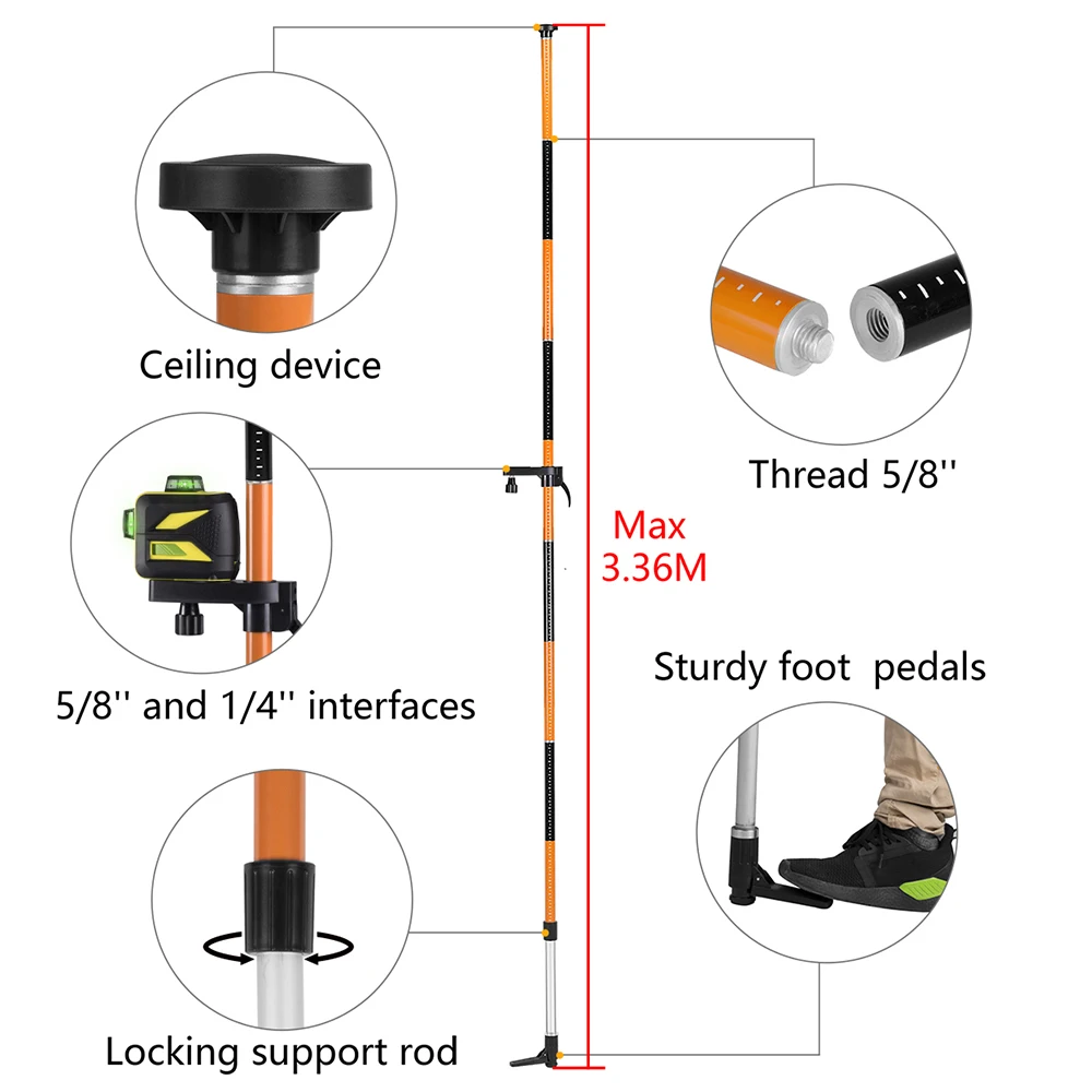FIRECORE 3.36M Laser Level Extend Bracket  Telescopic Rod 5/8 and 1/4 Interface Elongation Support Stand(FLP370A)