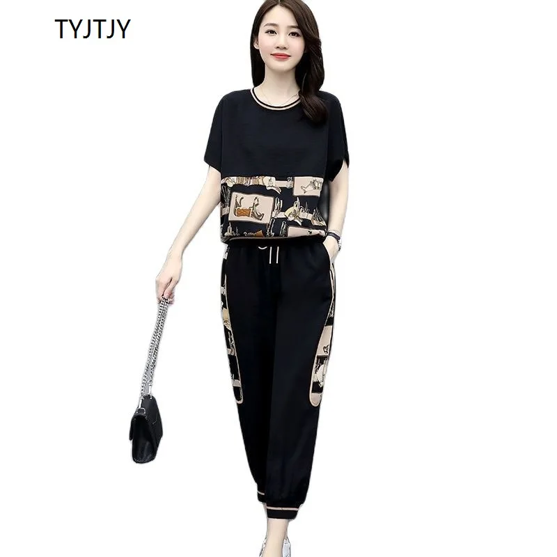 

Women Two Piece Set 2023 Summer New Fashion casual suit female loose short sleeve top ninepoint pants two piece suit