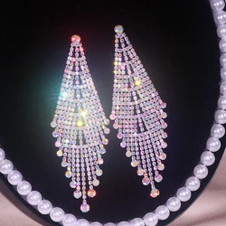 Classic Crystal Earrings Long Tassel Drop Earrings for Women Shiny Full Rhinestone Big Dangle Earrings Wedding Jewelry Gifts