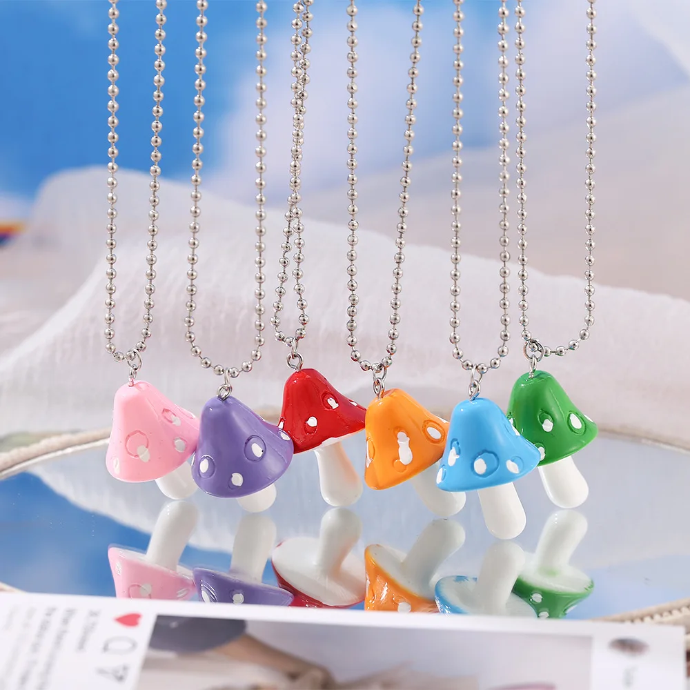 Indie Colorful Cute Mushroom Pendant Necklace for Women Beads Chain Cartoon Resin Goblincore  90s Aesthetic accessories Jewelry