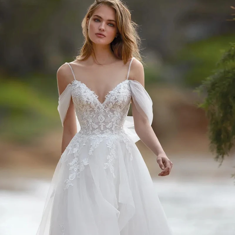 Vestido De novia elegante con tul para mujer, traje De boda Sexy con cuello De barco, lazo De tarjeta, correa De hombro, abertura lateral alta