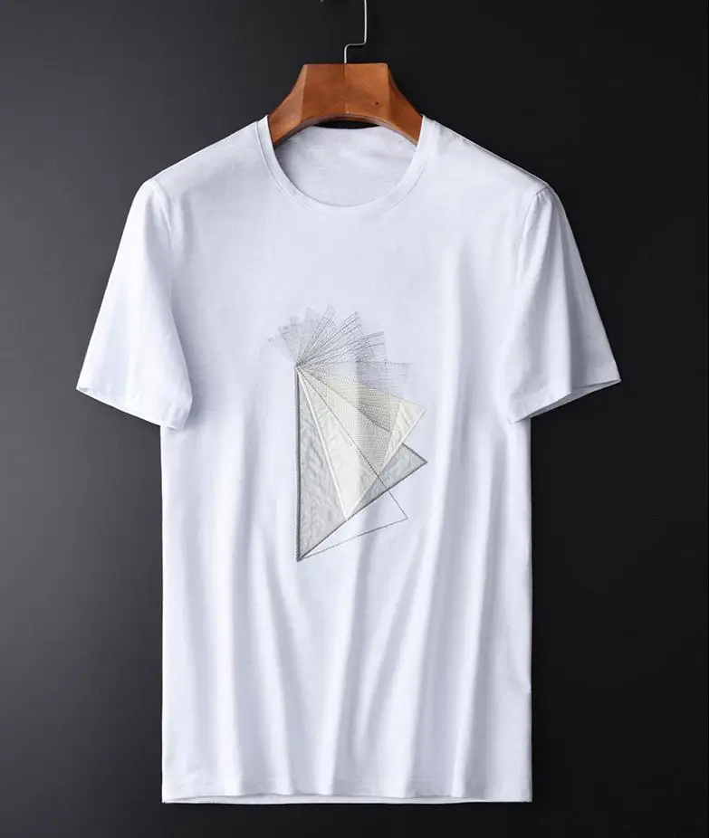 Cotton Spandex Mens Luxury Triangle Geometric Embroidery Men Plus Size 4xl Summer Slim Fit T-shirts Man