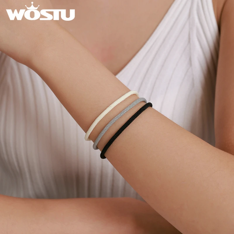 WOSTU 100% Real 925 Sterling Silver Red Black Gray White Rope Bracelet Classic Lucky Bangle Fit Beads Charms DIY Jewelry Making view 5